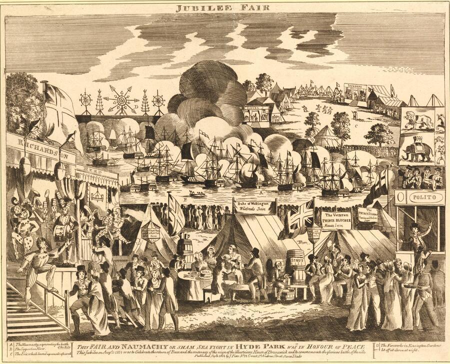 A view of the Jubilee Fair on the Serpentine in Hyde Park, 1814.