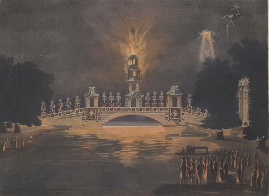 The tower of the Chinese Bridge in St. James's Park in flames, during the celebrations of 1814.