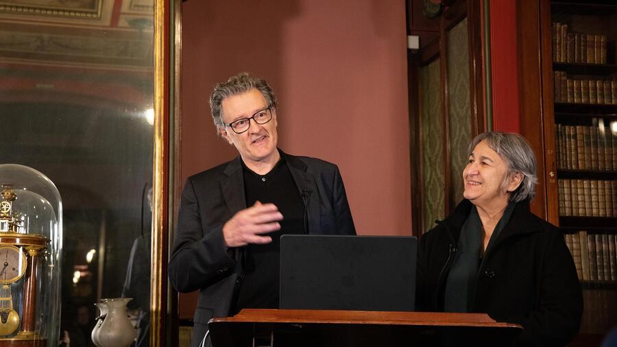 Jean-Philippe Vassal and Anne Lacaton giving their Soane Medal Lecture in the Library-Dining Room.