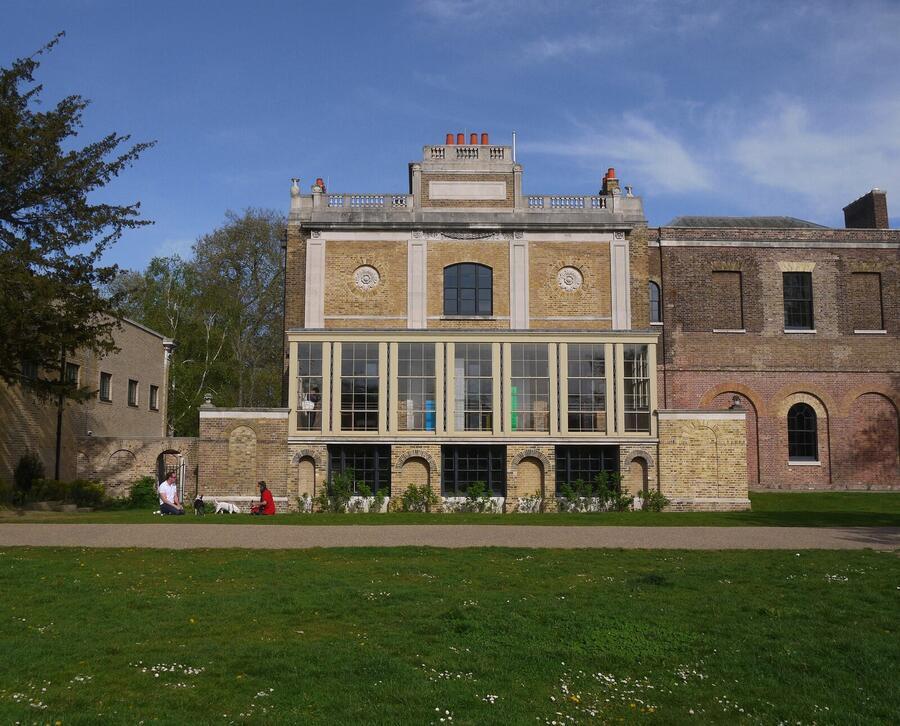 exterior of pitzhanger manor showing the west view of a two storey building with the lower level with floor to ceiling windows