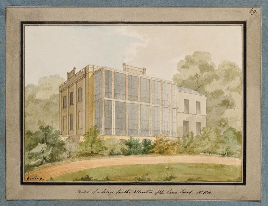 Watercolour painting showing the exterior of a two storey rectangular building that is mainly covered in windows.