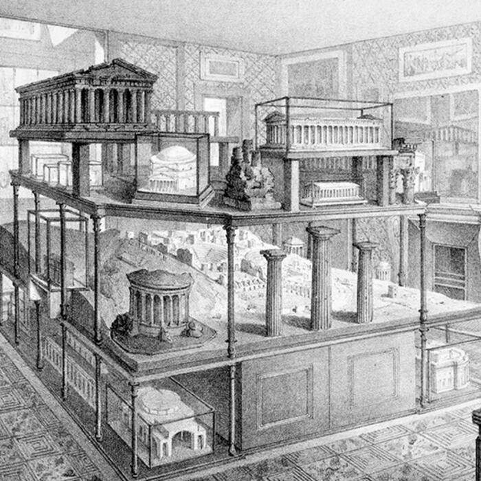 An engraving of how the Model Room looked in Soane's Day, as recorded in the 'Complete Description' Soane produced in 1835 